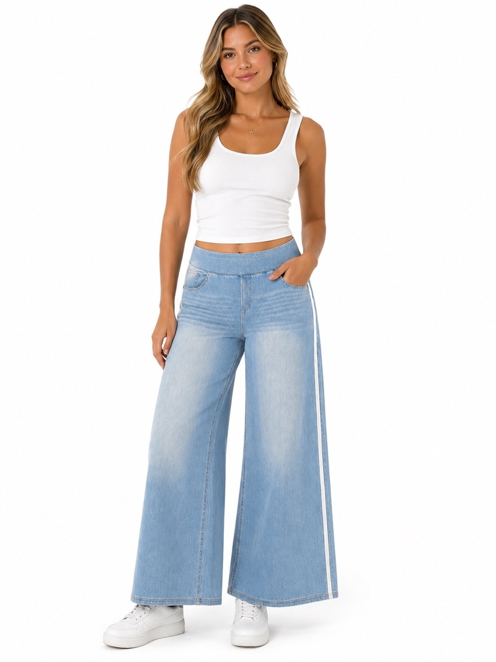 HALARA Light Blue Wide Leg Jeans with White Side Stripe